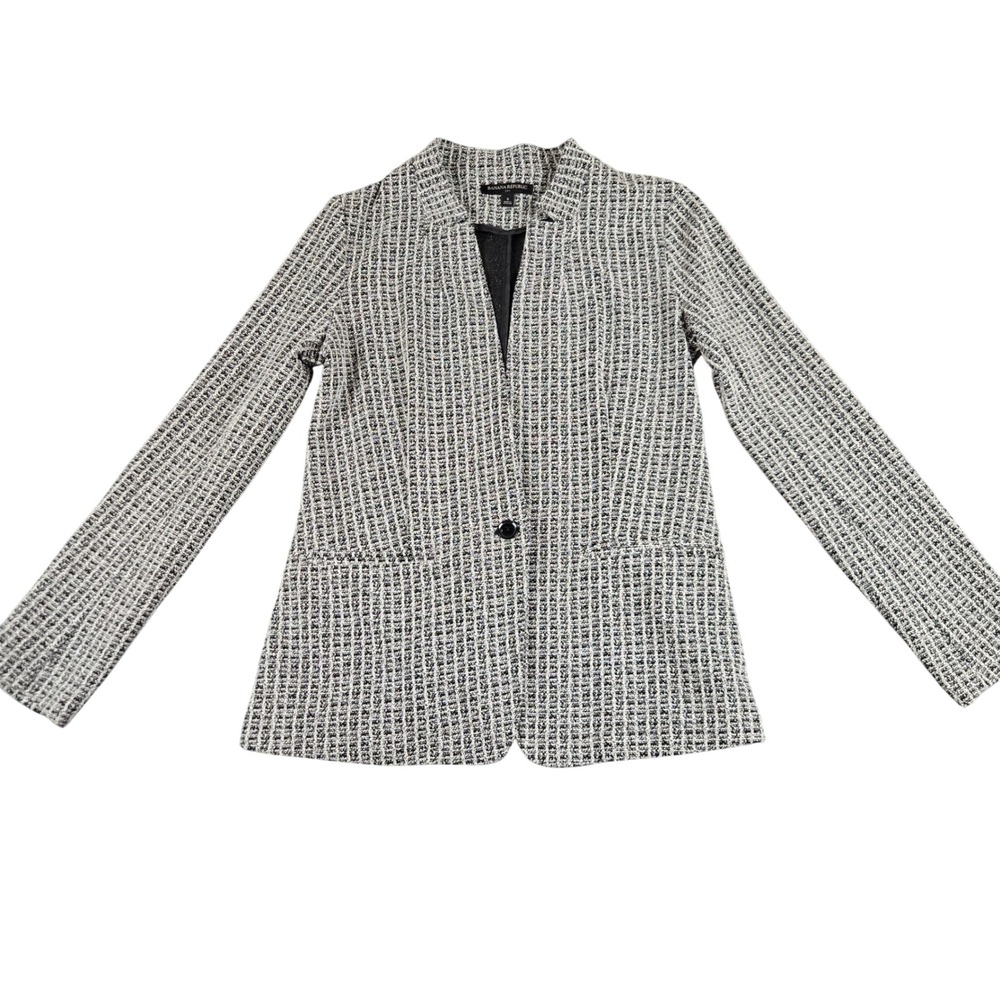 Banana Republic Knit Blazer Womens Small Black White Tweed Single Button Stretch